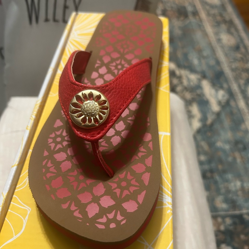 Yellow Box Red Sandals with Gold Floral Accent